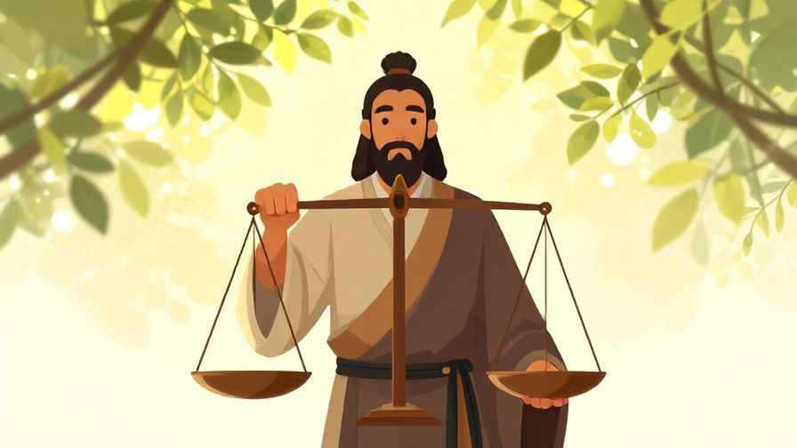 Illustration of a balanced scale held by a solemn figure in traditional robes, soft light filtering through leaves