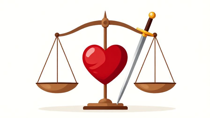 Illustration of a balanced scale tipped by a heart and a sword, elegant and thoughtful atmosphere