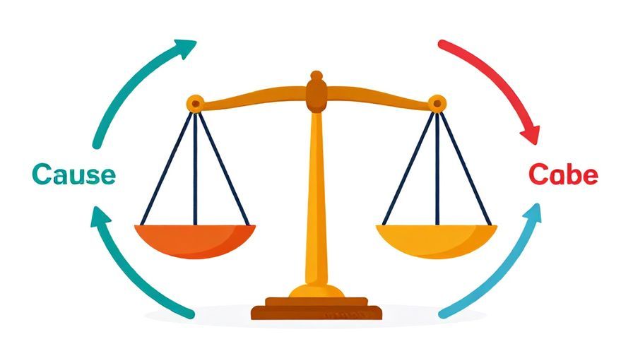 Illustration of a balanced scale with cause and effect labeled on each side, surrounded by a circular arrow representing a cycle, clean and vibrant colors, illustrated style