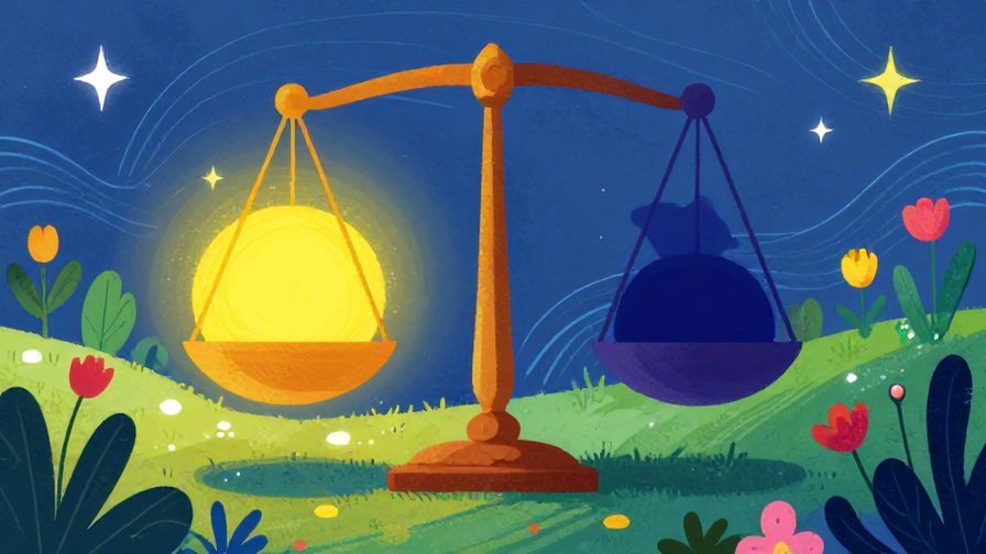 Illustration of a balanced scale with one side shining bright and the other shadowed, floating in a garden with gentle waves and stars, vibrant colors, illustrated style
