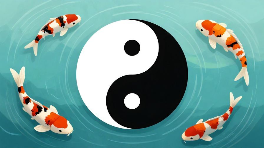 Illustration of a balanced yin-yang symbol over a tranquil pond with koi fish, symbolizing karmic balance, soft light and colors