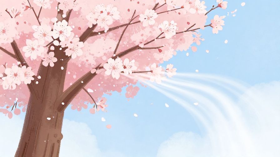 Illustration of a blooming cherry blossom tree shedding petals with a gentle breeze, symbolizing impermanence, soft pinks and blues, illustrated style