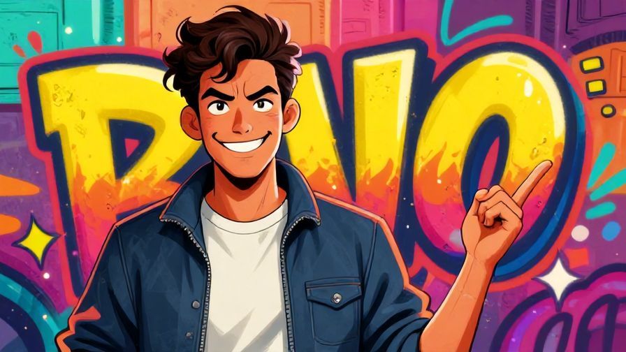 Illustration of a bold young man with a mischievous grin daring a friend to guess, bright graffiti wall background, vibrant colors, illustrated style