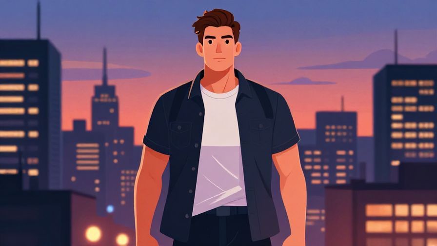 Illustration of a bold young man with a strong stance, cityscape at dusk with neon lights