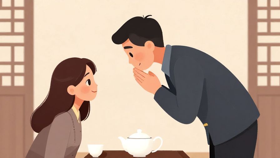 Illustration of a bowing person with a calm, surprised smile, elegant tea room background