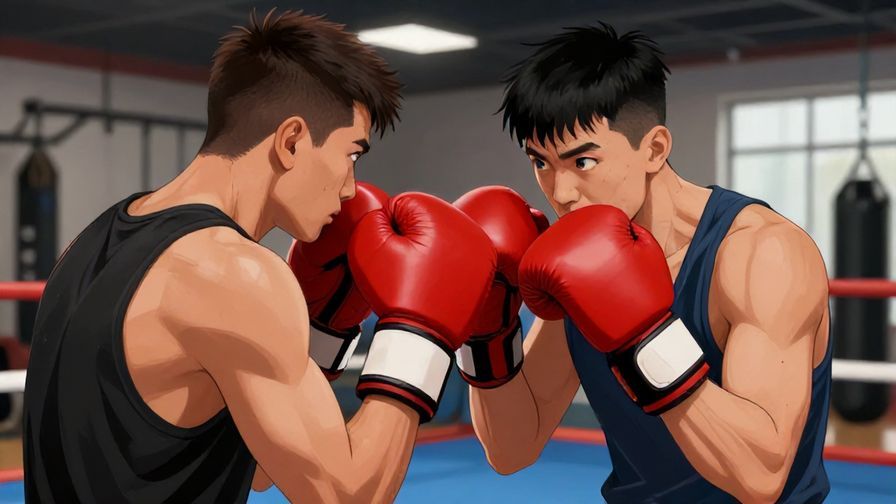 Illustration of a boxer preparing for a match, gloves raised, eyes locked on opponent, intense gym background