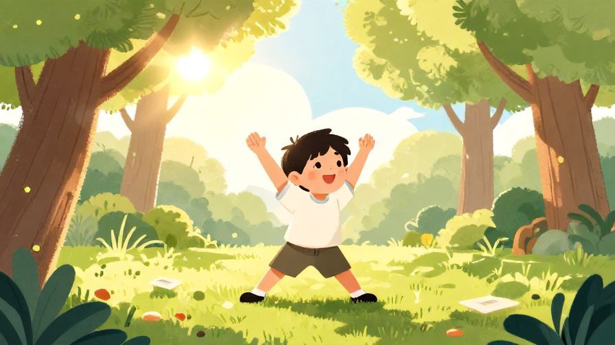 Illustration of a bright morning scene with a cheerful character stretching and smiling, sunlight filtering through trees, illustrated style