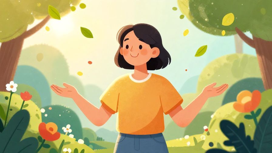 Illustration of a bright, smiling person inviting others with open arms in a sunlit garden with floating leaves and flowers, vibrant colors, illustrated style