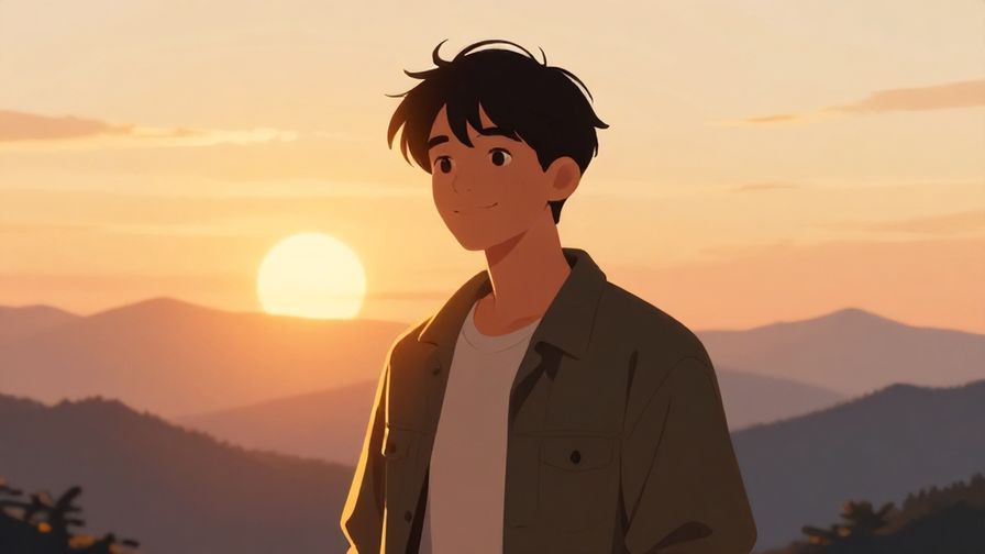 Illustration of a bright sunrise over mountains, a confident person smiling gently, with warm golden light embracing them