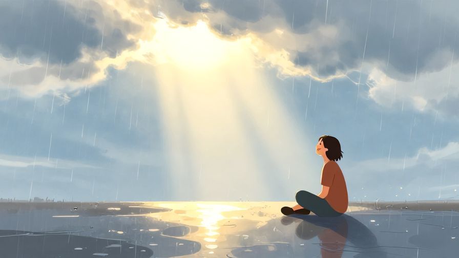 Illustration of a brightening sky with sun rays breaking through clouds after rain, puddles on the ground reflecting light, and a relaxed person smiling
