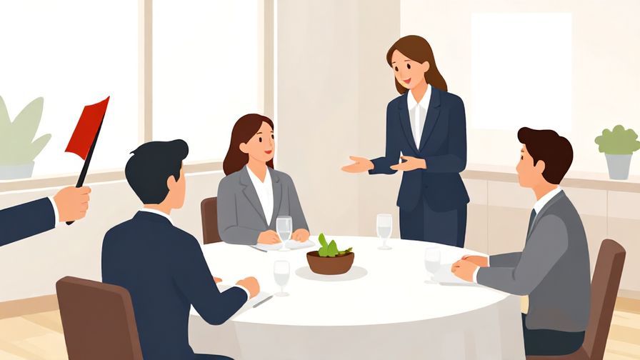 Illustration of a business lunch setting, participants politely acknowledging someone arriving, bright and neat room