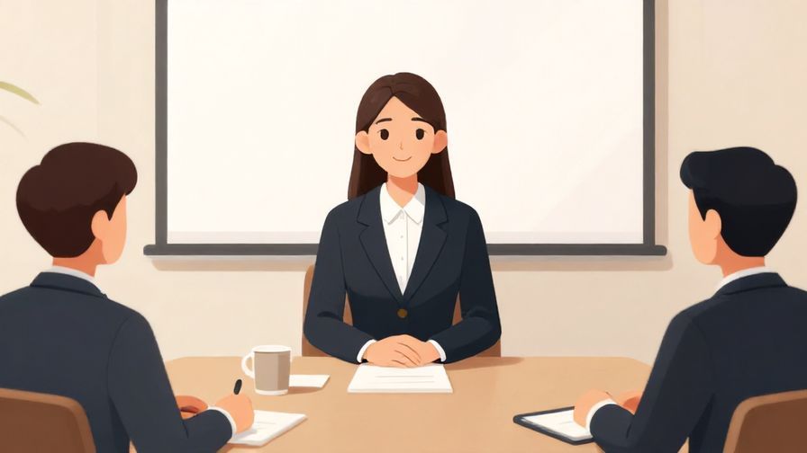 Illustration of a business meeting room, a person speaking politely with a gentle smile, formal atmosphere with soft lighting