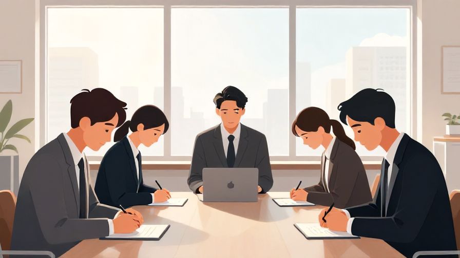 Illustration of a business meeting with people bowing slightly, morning sunlight through windows, professional setting