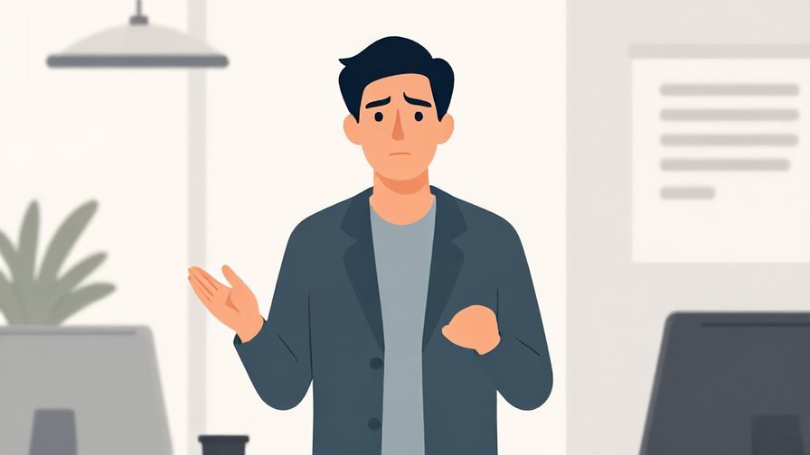 Illustration of a business person calmly explaining something with a slight look of stress, modern office background, muted colors