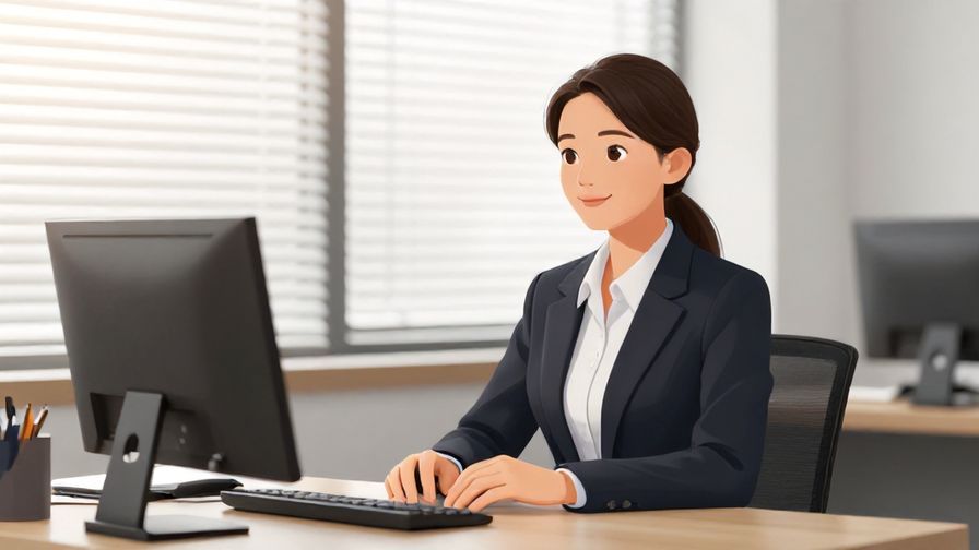 Illustration of a business person calmly smiling in an office with soft light filtering through blinds, polished and professional atmosphere