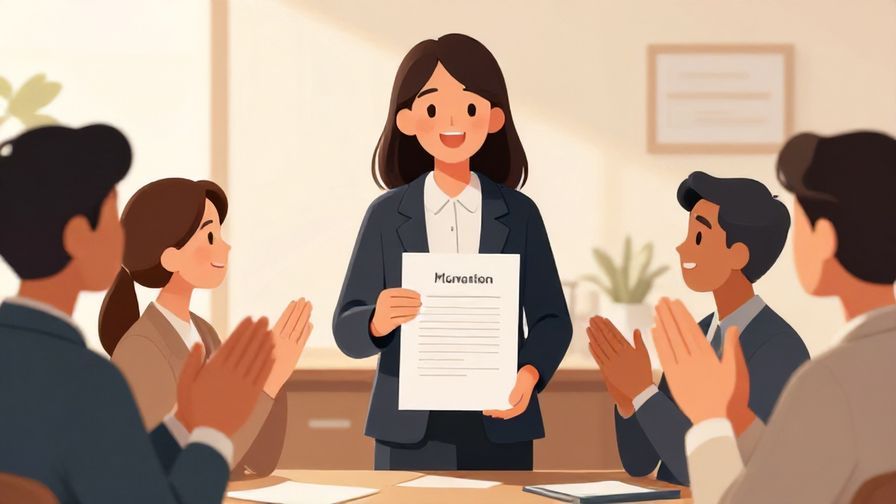 Illustration of a business person happily receiving a promotion letter, with coworkers clapping around, office background with warm lighting