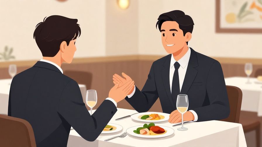 Illustration of a business person politely complimenting a meal in a restaurant, refined interior, soft lighting