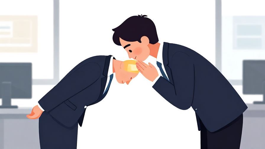 Illustration of a business person respectfully bowing with a calm office background, neat and professional, vibrant colors, illustrated style