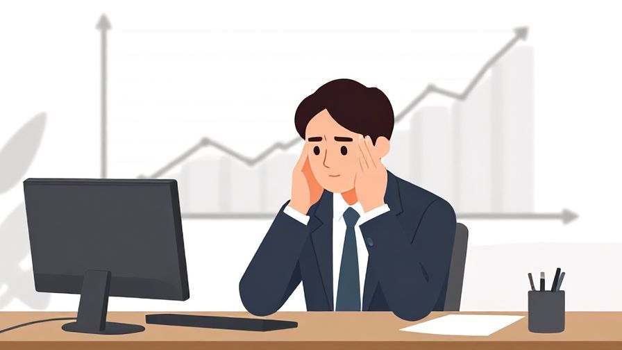 Illustration of a business person sitting at a desk looking pensive, with a subtle downward trend graph in the background, clean office environment