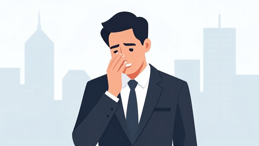 Illustration of a business person smiling with relief after a tense moment, soft cityscape background
