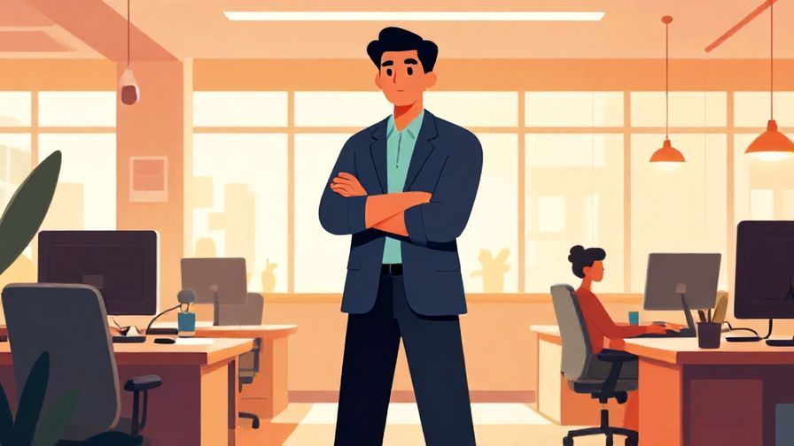 Illustration of a business person standing confidently in a modern office, warm lighting, vibrant colors, illustrated style