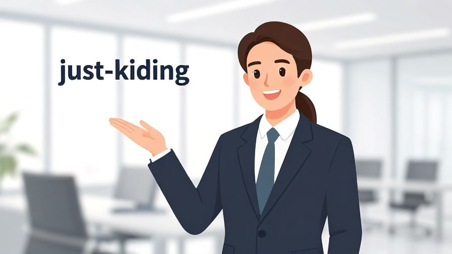 Illustration of a business person with a warm smile and hand gesture indicating “just kidding,” bright office background
