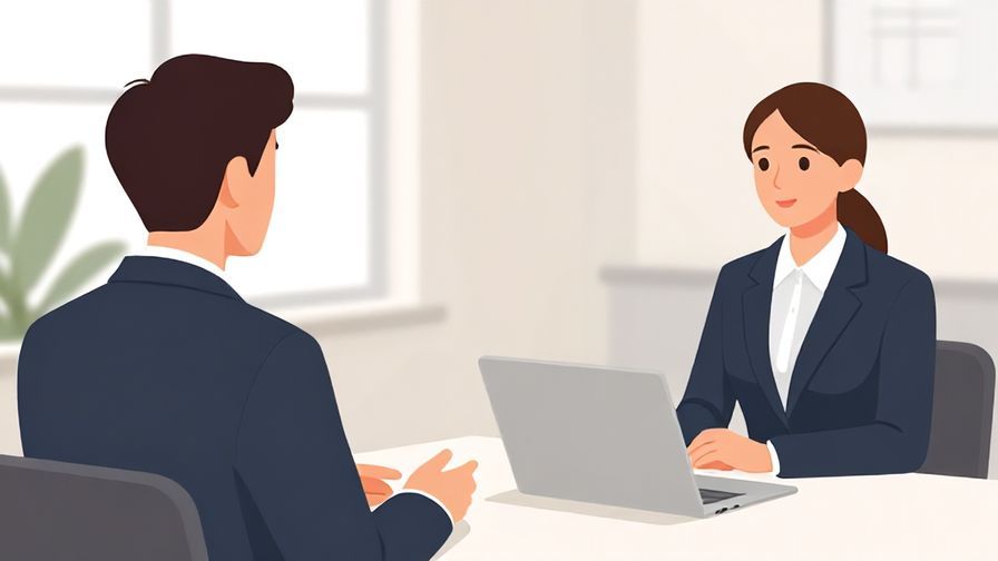 Illustration of a business setting with a person politely asking a colleague, formal attire and neat environment