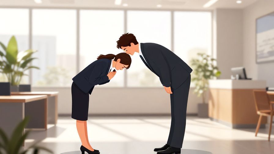 Illustration of a businessperson bowing politely in an office lobby with morning light, professional and respectful atmosphere