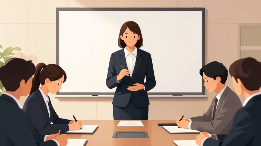 Illustration of a businessperson bowing slightly while speaking formally in a conference room, illustrated style