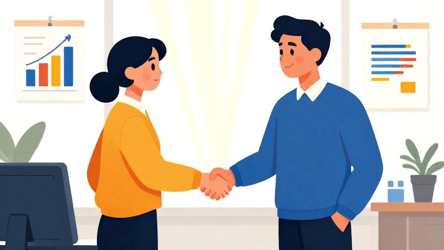 Illustration of a businessperson confidently shaking hands in an office setting with charts and light rays, vibrant colors, illustrated style