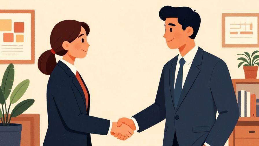 Illustration of a businessperson confidently shaking hands in a formal setting, detailed background, vibrant colors, illustrated style