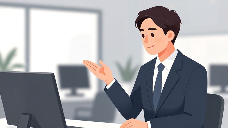 Illustration of a businessperson gently inquiring with a slight smile, office background, clear lighting, illustrated style