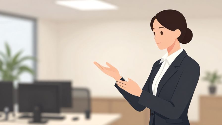 Illustration of a businessperson gently raising a hand to ask for time, elegant office background with soft lighting