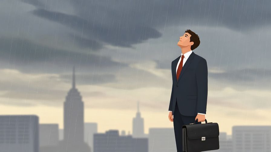 Illustration of a businessperson glancing up at the sky while holding a briefcase, light rain beginning, with a city skyline and early morning light