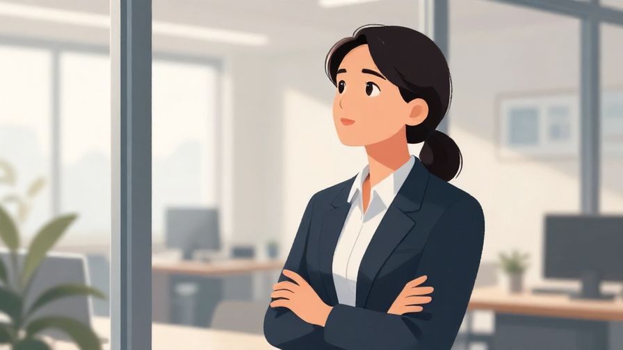 Illustration of a businessperson looking thoughtfully out a window, soft office background, calm lighting