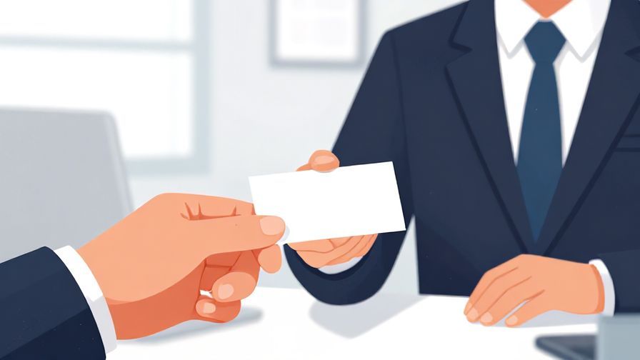 Illustration of a businessperson politely handing over a business card, clean office background, vibrant colors, illustrated style