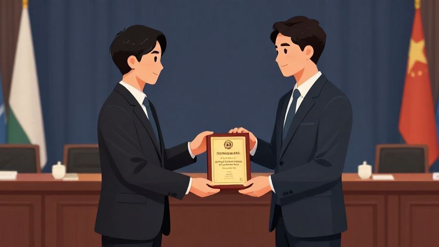 Illustration of a businessperson receiving a new badge or title at a company ceremony