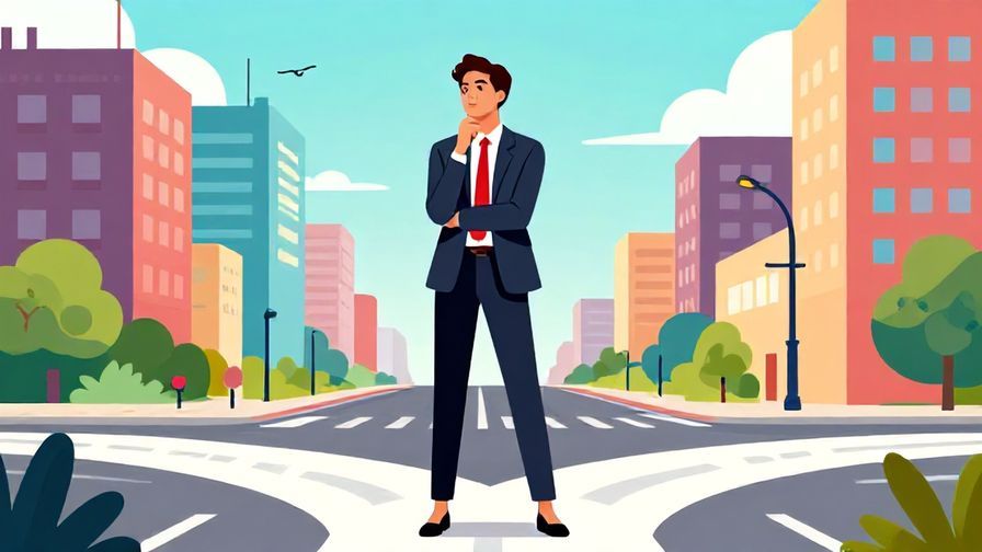 Illustration of a businessperson standing firmly at a crossroads in a cityscape, thoughtful and poised, vibrant colors, illustrated style