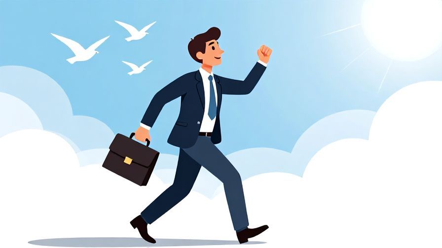 Illustration of a businessperson stepping outside into fresh air with a bright sky and birds flying, invigorated expression
