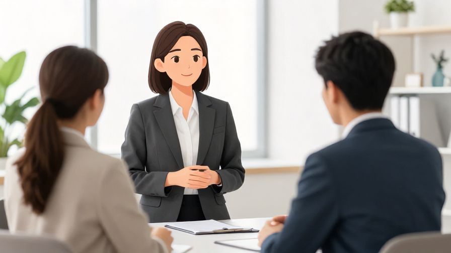 Illustration of a businesswoman politely addressing a client with a sincere expression in a bright office, elegant style