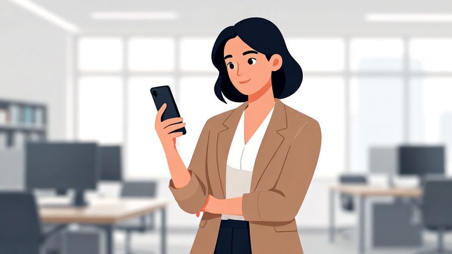 Illustration of a businesswoman with a confident posture holding a phone, sophisticated office backdrop