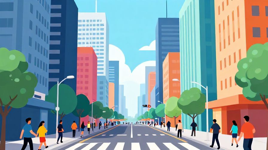 Illustration of a busy city street with people hurrying and competing, tall buildings, bright colors, modern style