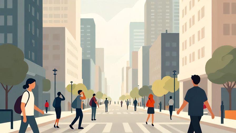 Illustration of a busy cityscape with people hurrying, some looking stressed, muted tones with vibrant highlights