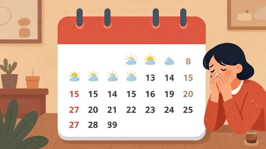 Illustration of a calendar with gloomy weather symbols hovering over several days, a person sighing nearby, cozy indoor setting, warm colors