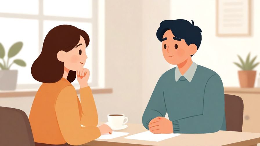 Illustration of a calm and respectful conversation between two colleagues in a bright office, soft colors