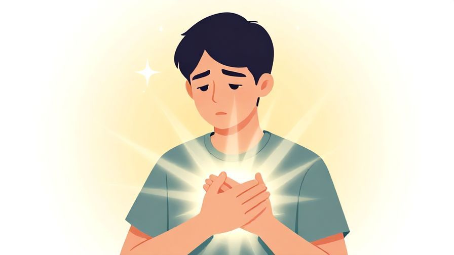 Illustration of a calm and serious person holding their chest, light rays emphasizing emotion, gentle background