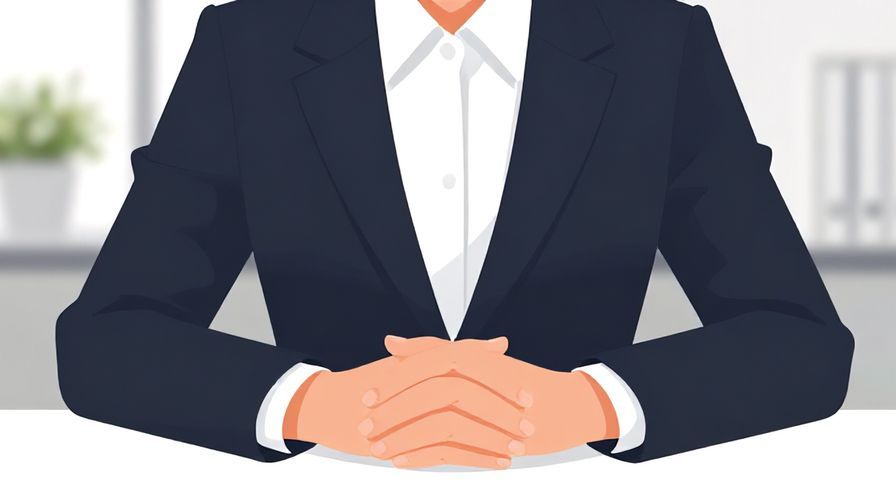 Illustration of a calm businessperson with hands politely folded, soft office background