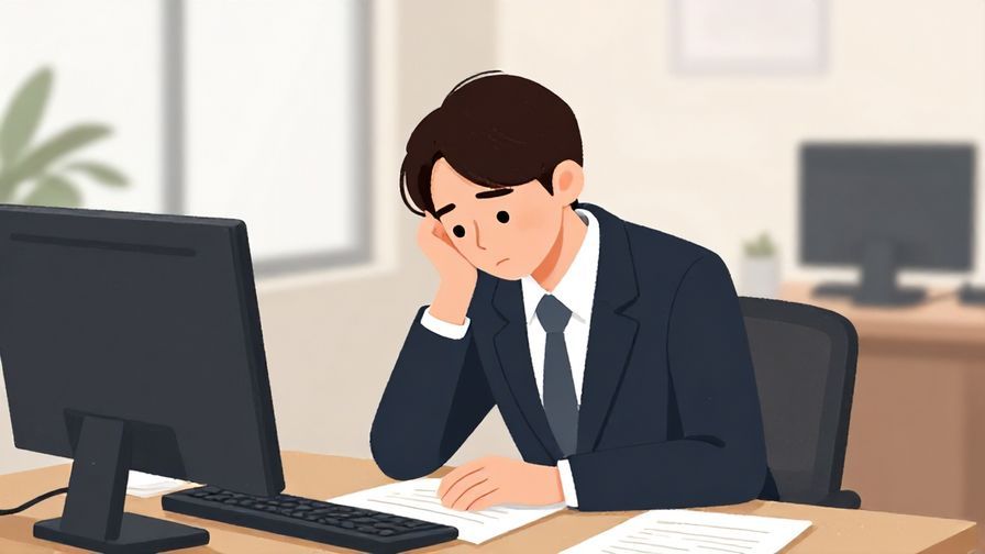 Illustration of a calm but tired person in business attire, sitting at a desk with papers, gentle office background, illustrated style