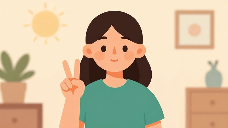 Illustration of a calm character holding a peace sign with a peaceful room background, warm tones