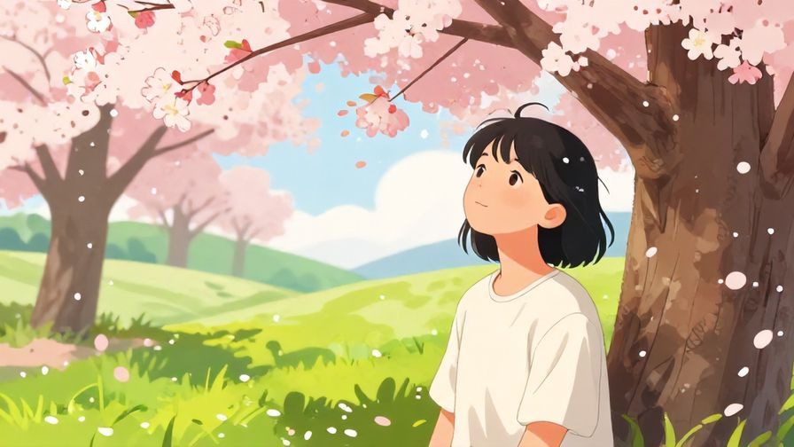 Illustration of a calm character looking peaceful and open-hearted in a natural setting with cherry blossoms, vibrant colors, illustrated style